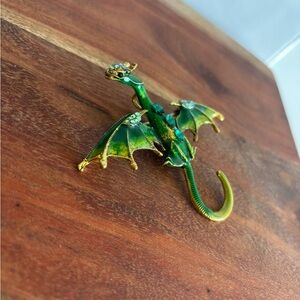 GREEN DRAGON BROOCH or PENDANT flying wyvern enamel crystal pin fantasy D4